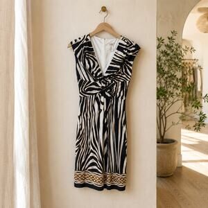 Vintage Cache Zebra Print Faux Wrap Dress Women's 0 Black White Made USA Safari